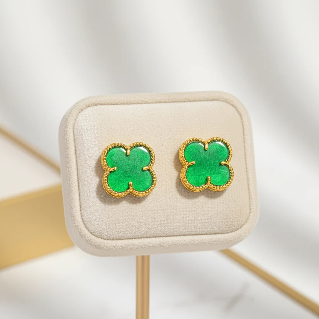 Green Lucky Clover - 18K Gold Plated Earrings
