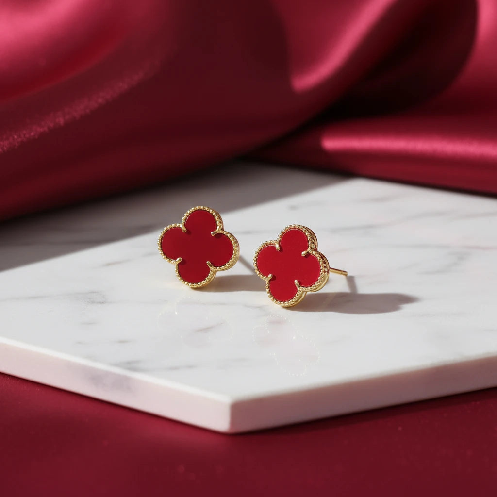 Red Lucky Clover - 18K Gold Plated Earrings