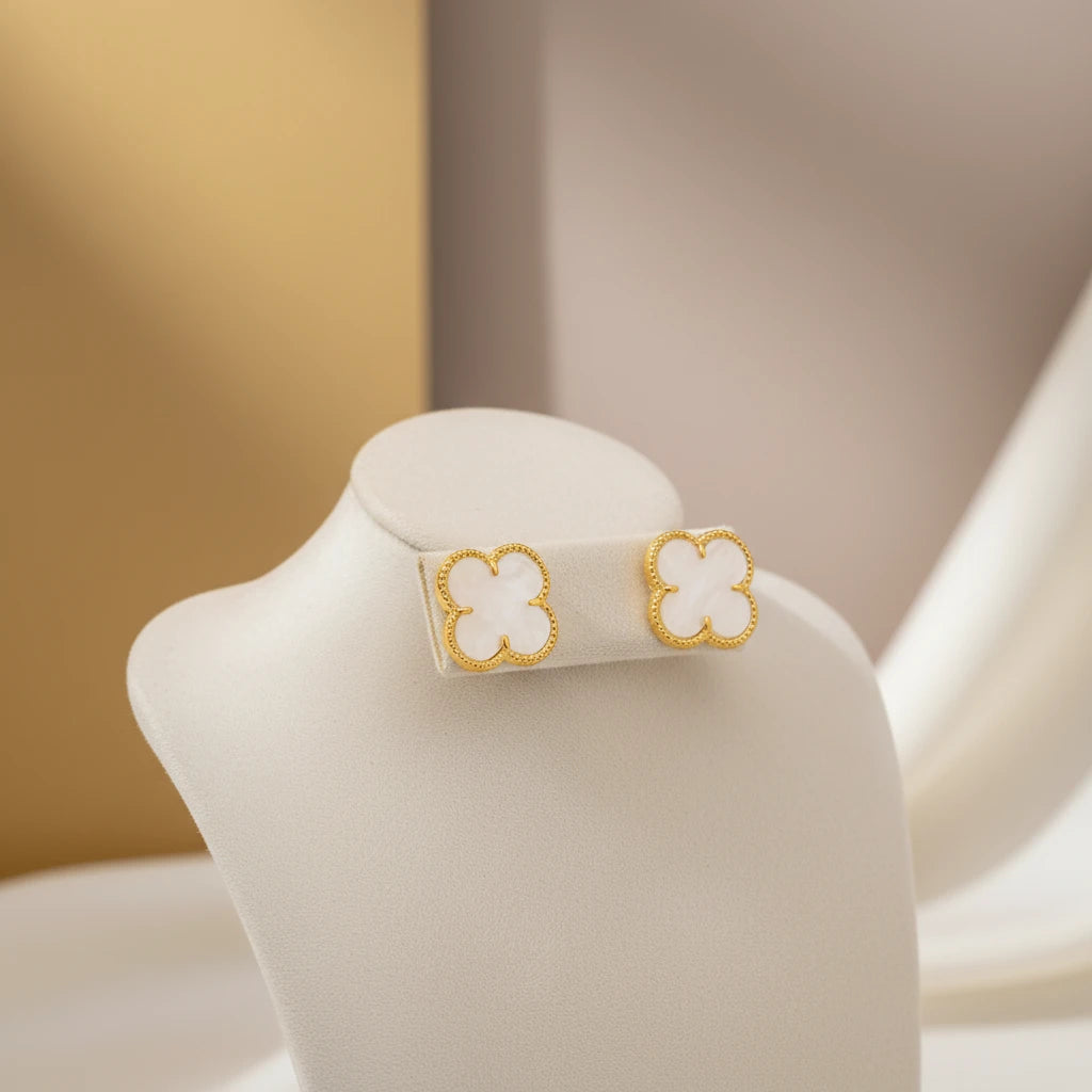 White Lucky Clover - 18K Gold Plated Earrings