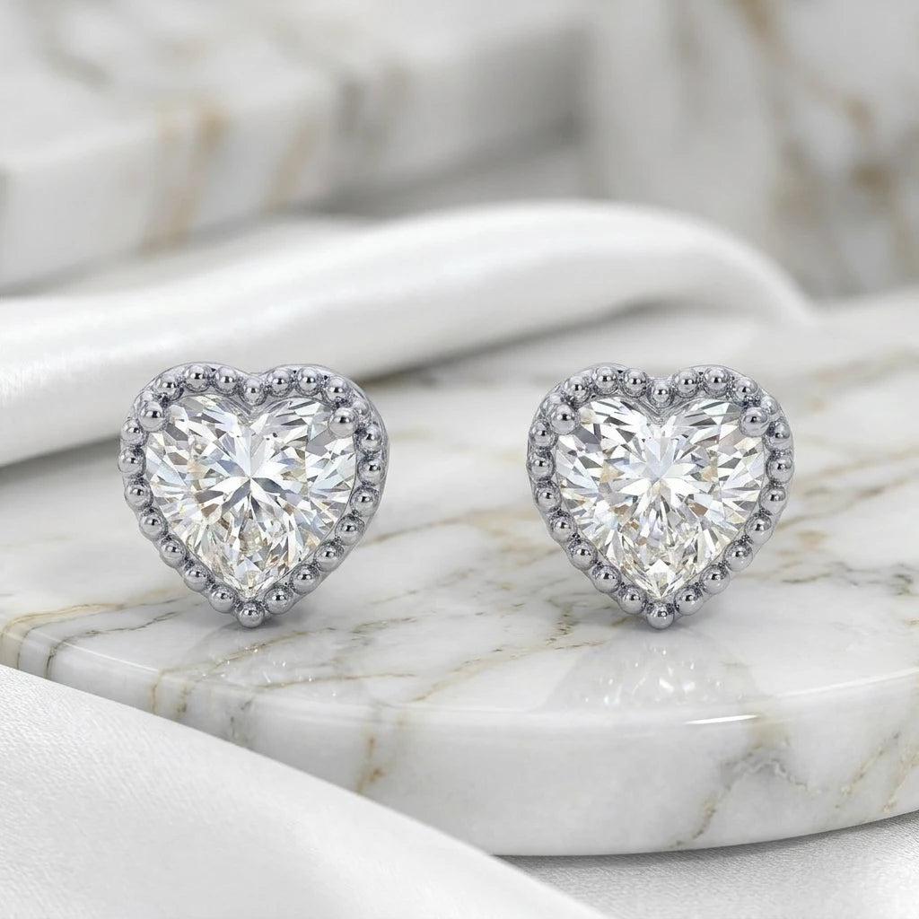 Delicate Studded Heart Stud Earrings - White Rhodium Plated