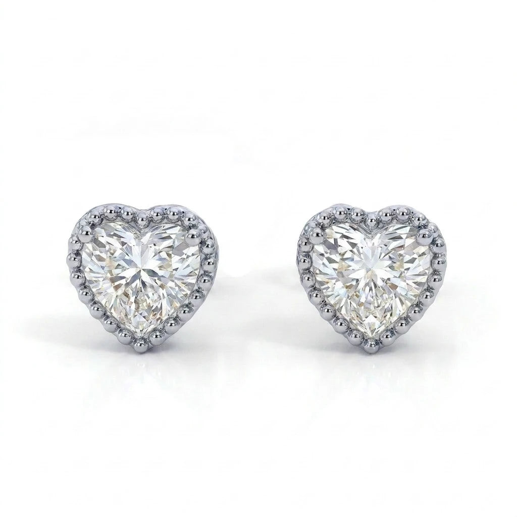 Delicate Studded Heart Stud Earrings - White Rhodium Plated