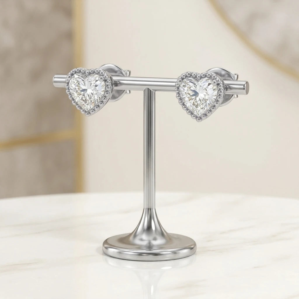 Delicate Studded Heart Stud Earrings - White Rhodium Plated