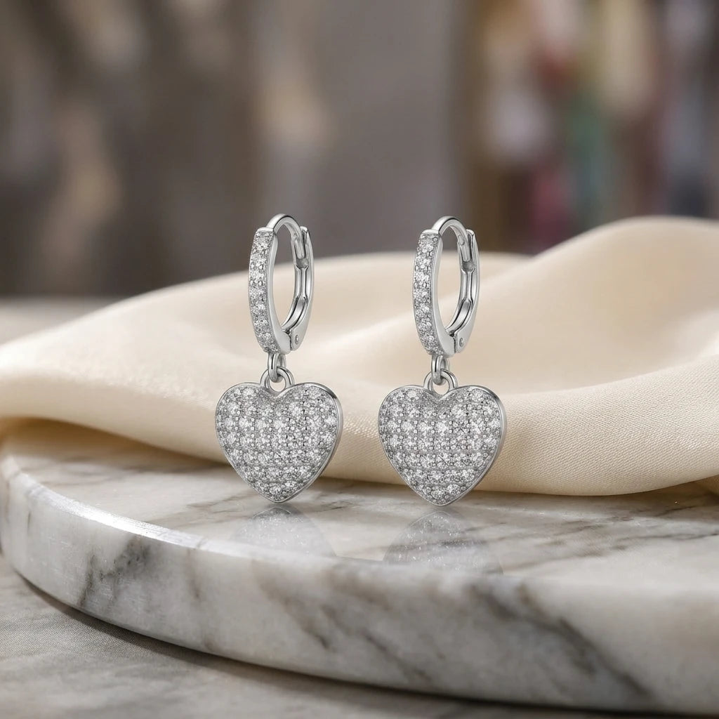 Hoops Dangling Studded Zirconia Heart Earrings - White Rhodium Plated