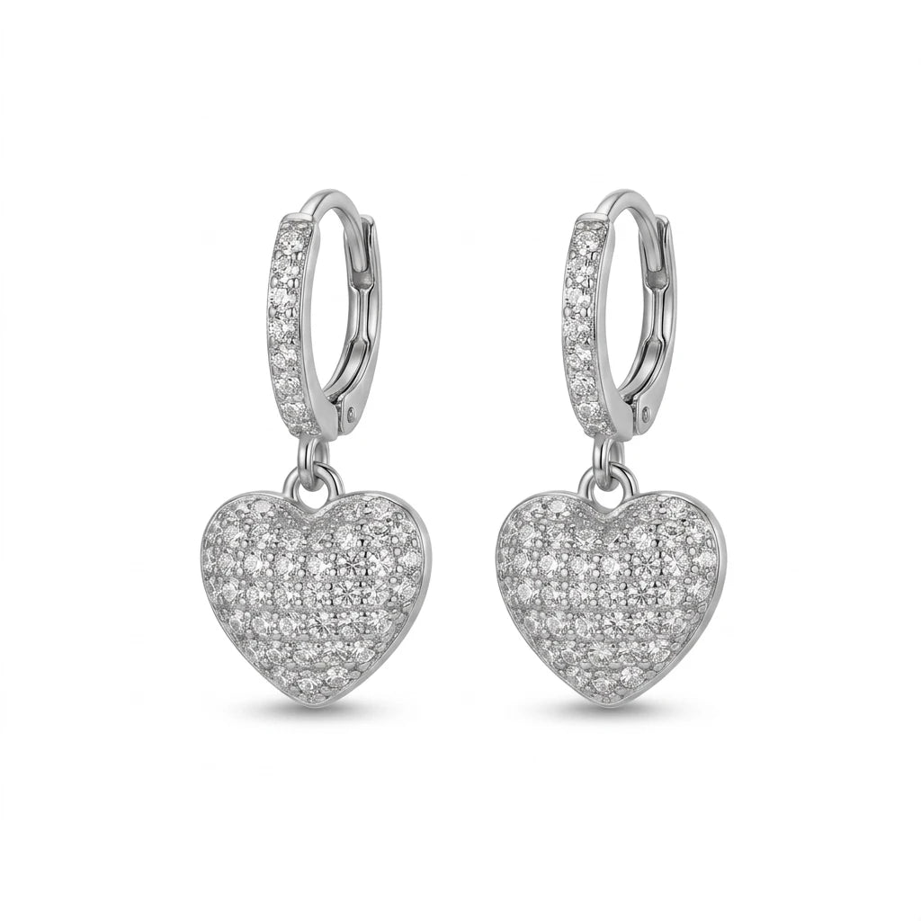 Hoops Dangling Studded Zirconia Heart Earrings - White Rhodium Plated