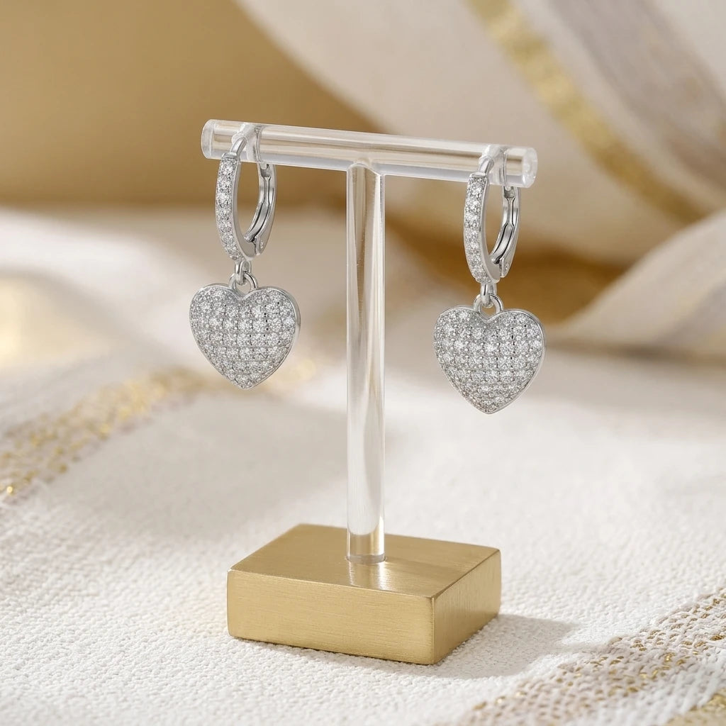 Hoops Dangling Studded Zirconia Heart Earrings - White Rhodium Plated