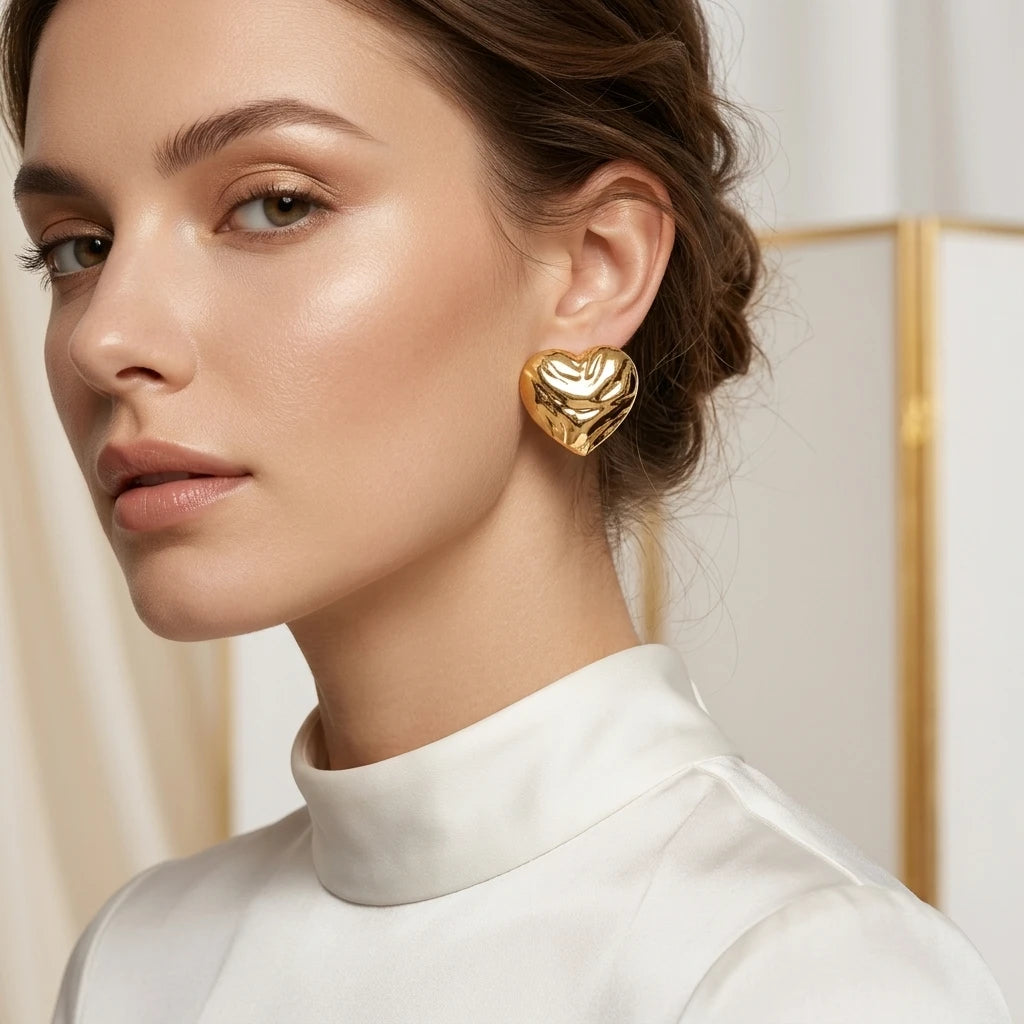Maxi Organic Texture Heart Shape Stud Earrings - 18K Gold Plated