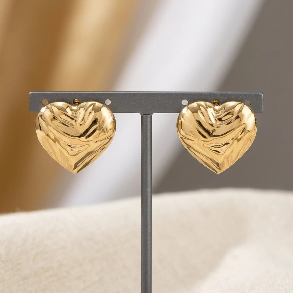 Maxi Organic Texture Heart Shape Stud Earrings - 18K Gold Plated