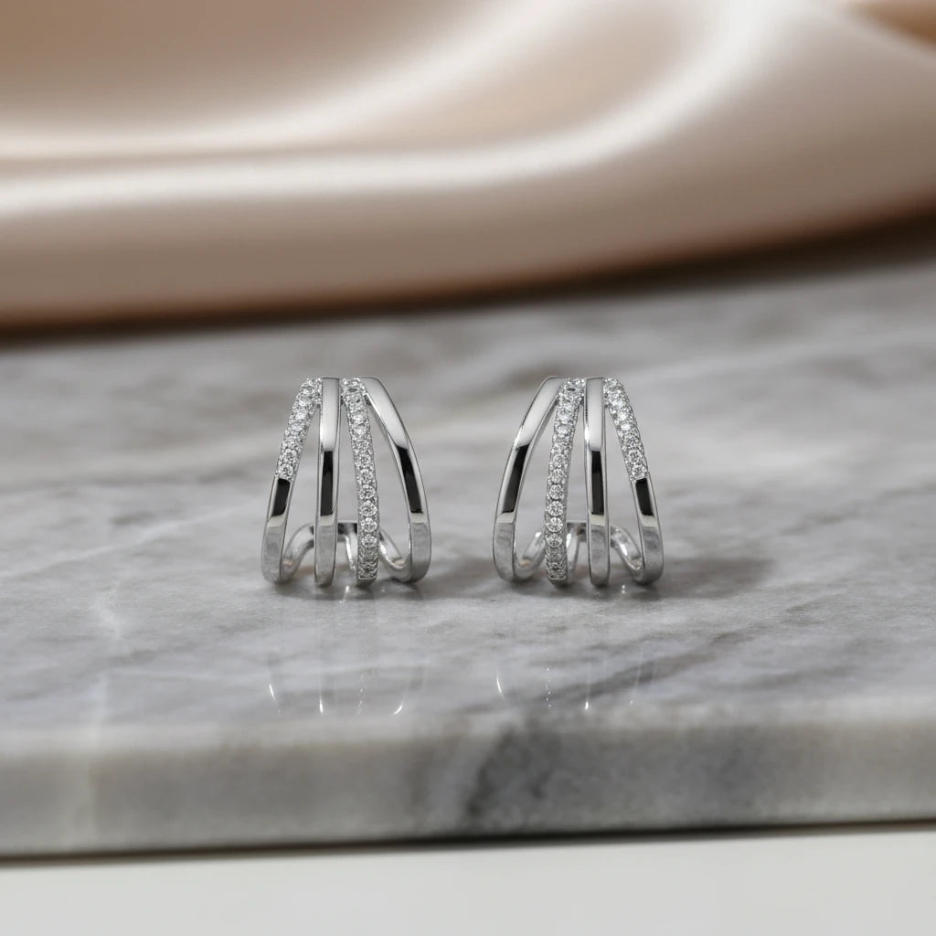 Ear Jacket Studded Zirconia Earrings - White Rhodium Plated