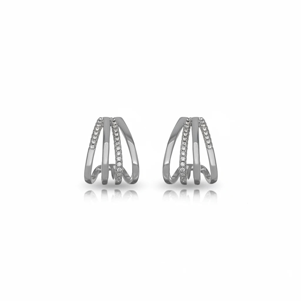 Ear Jacket Studded Zirconia Earrings - White Rhodium Plated