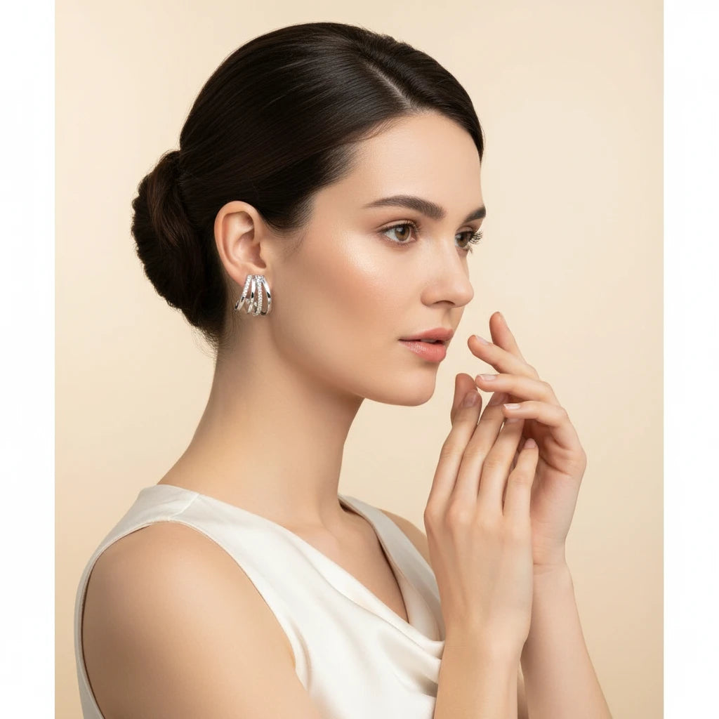 Ear Jacket Studded Zirconia Earrings - White Rhodium Plated