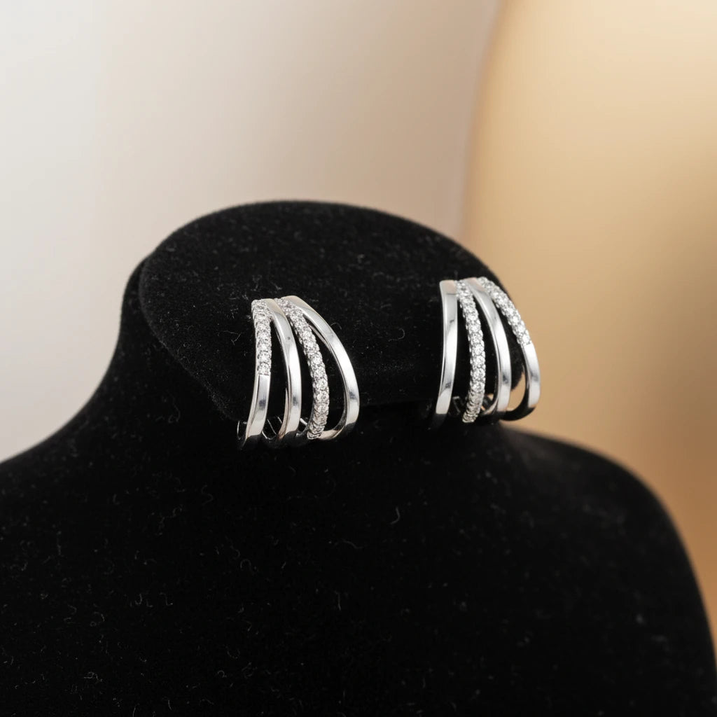 Ear Jacket Studded Zirconia Earrings - White Rhodium Plated