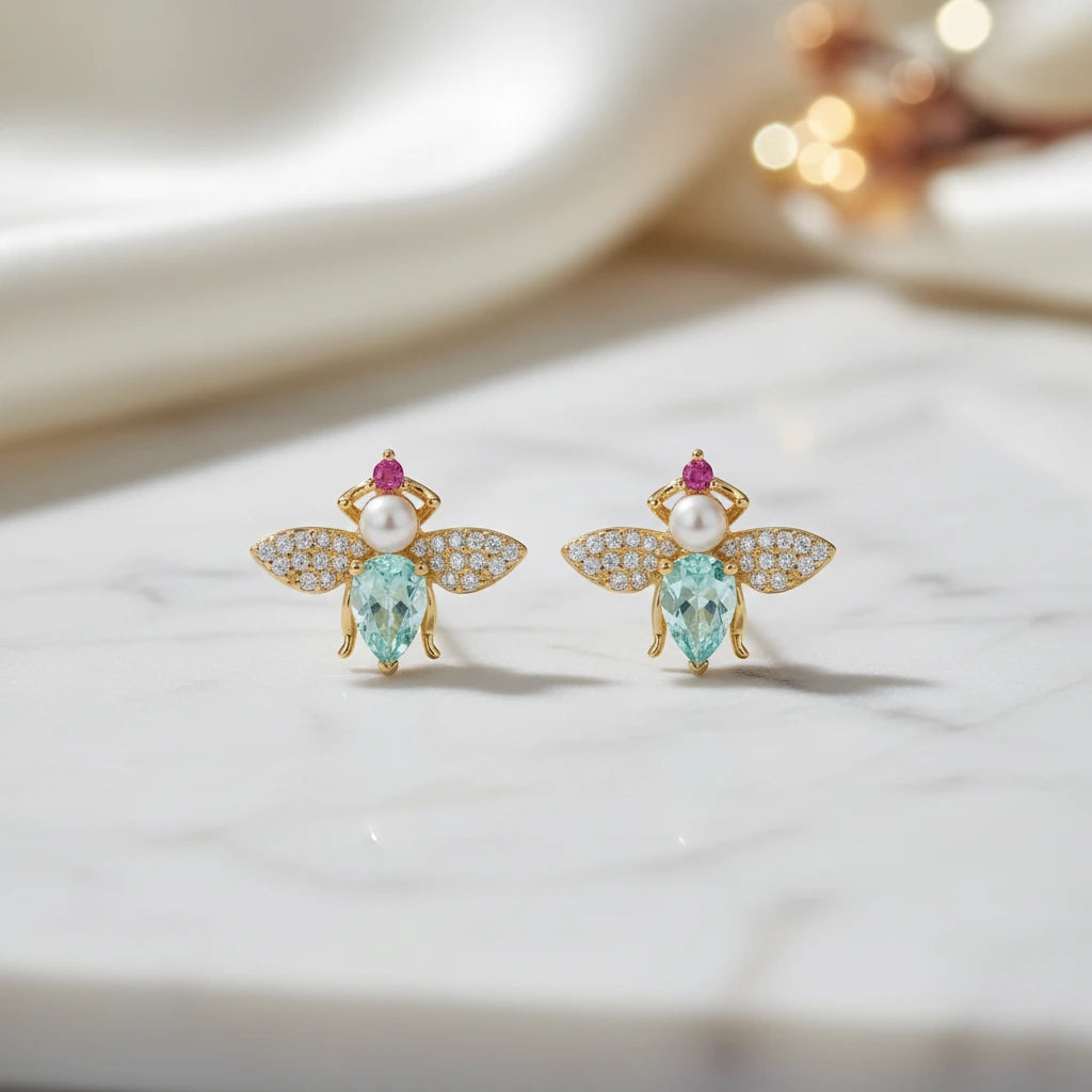 Stone Stud Butterfly Earrings - 18K Gold Plated