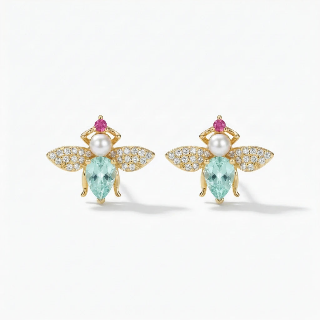 Stone Stud Butterfly Earrings - 18K Gold Plated