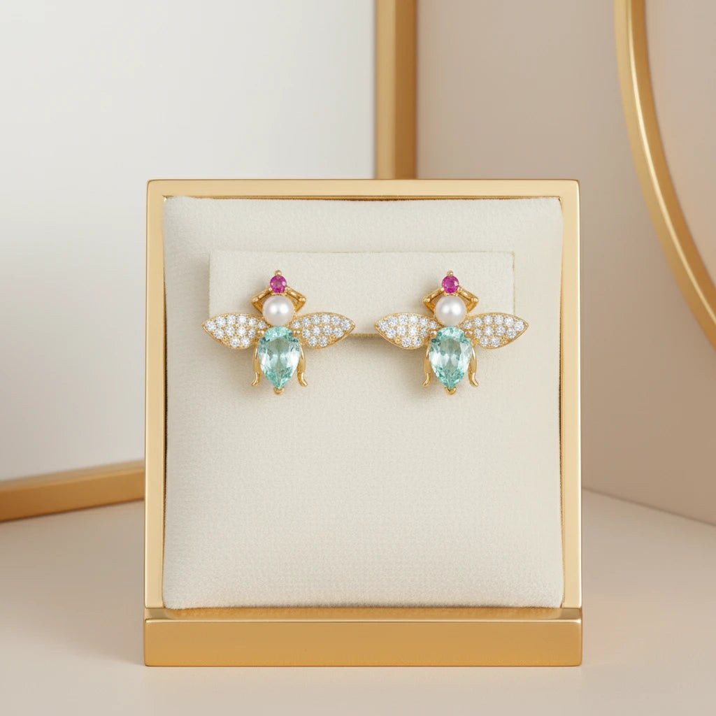 Stone Stud Butterfly Earrings - 18K Gold Plated
