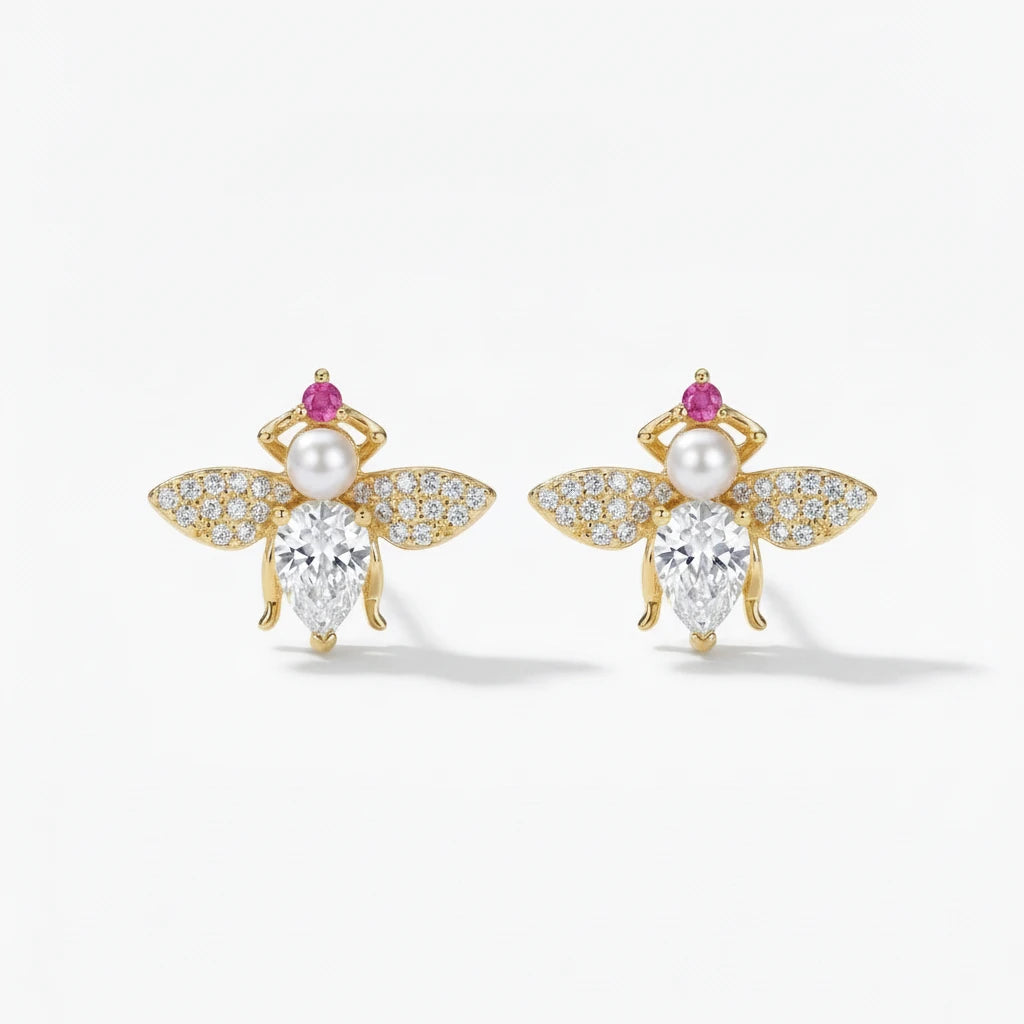 Stone Stud Butterfly Earrings - 18K Gold Plated