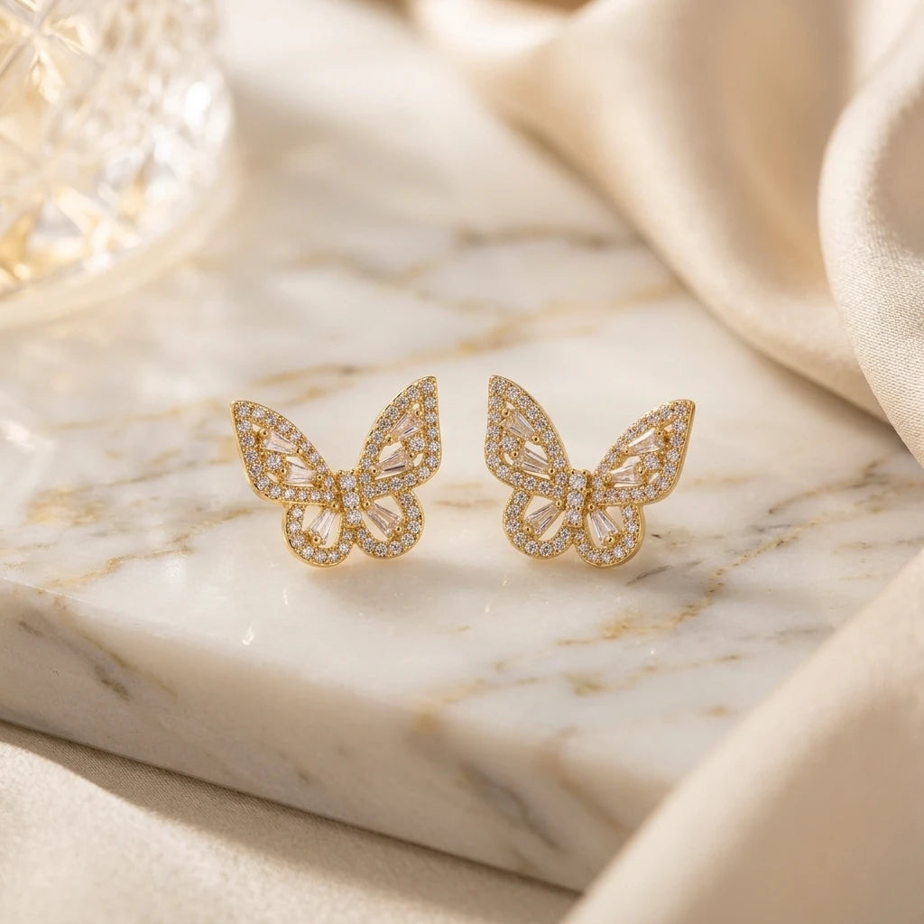 Studded Zirconia Butterfly Stud Earrings - 18K Gold Plated