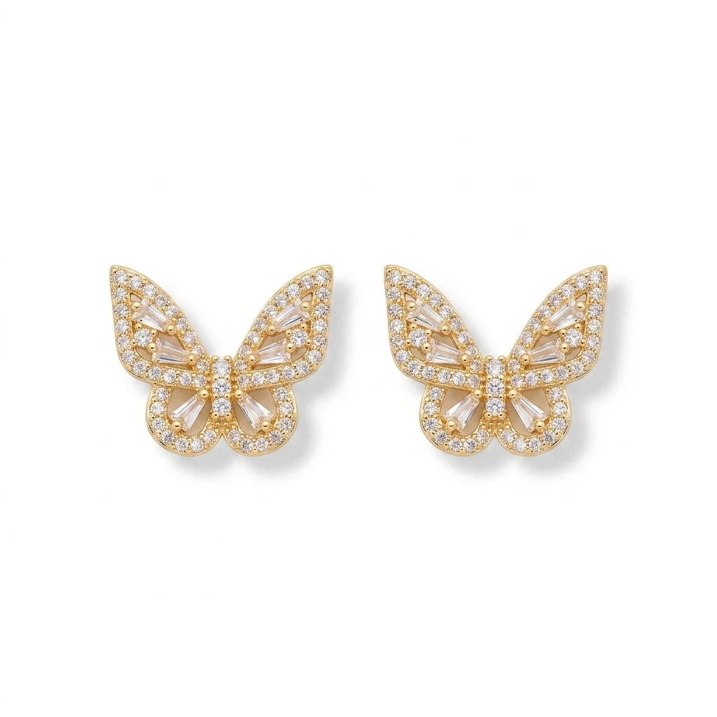 Studded Zirconia Butterfly Stud Earrings - 18K Gold Plated