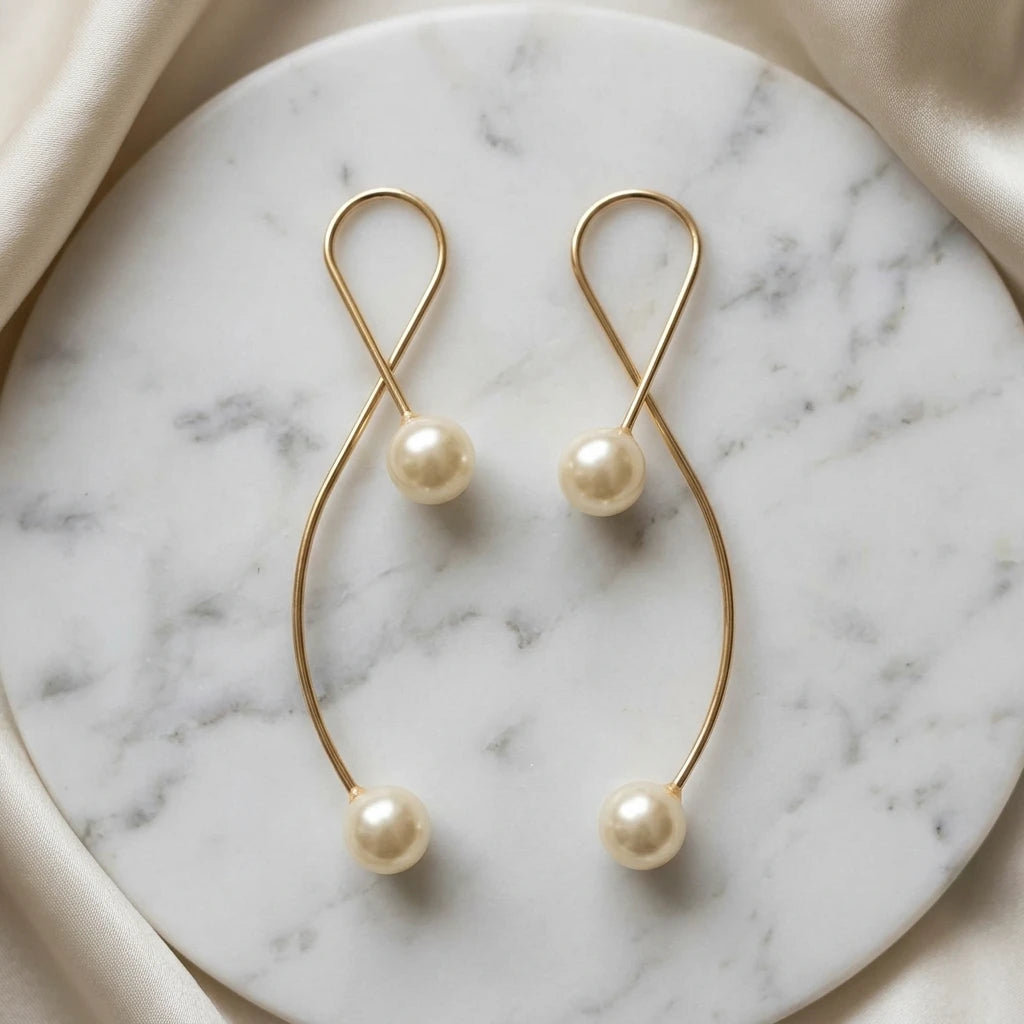 Double Pearl Open Hoop Earrings - 18K Gold Plated