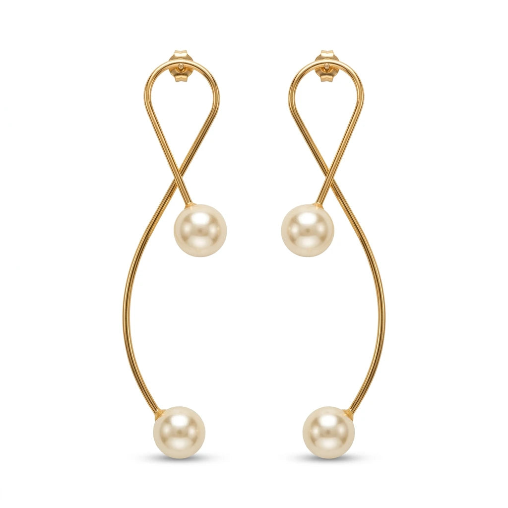 Double Pearl Open Hoop Earrings - 18K Gold Plated