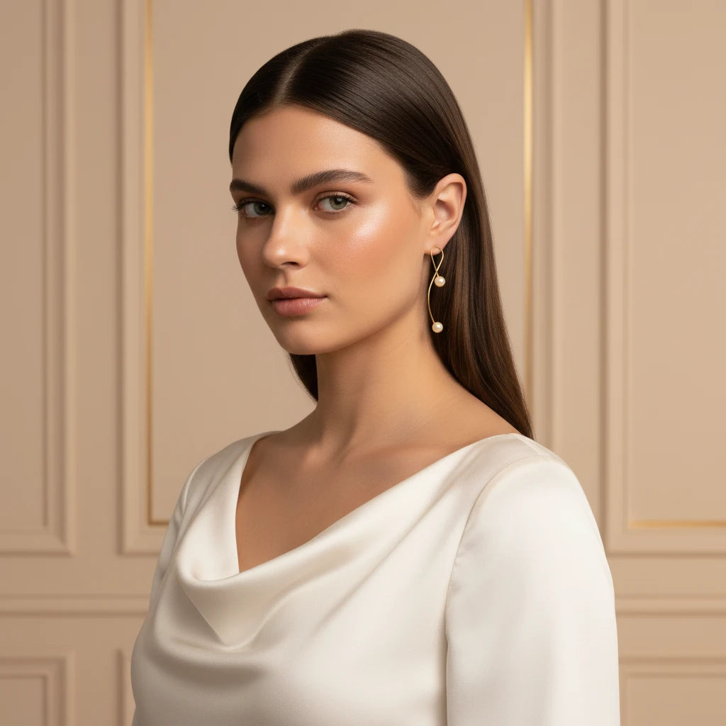 Double Pearl Open Hoop Earrings - 18K Gold Plated