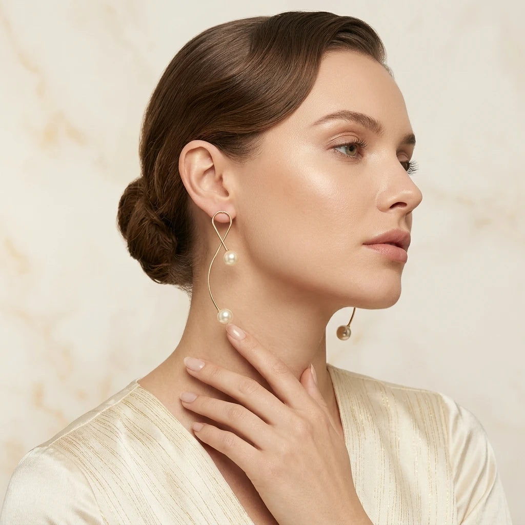 Double Pearl Open Hoop Earrings - 18K Gold Plated