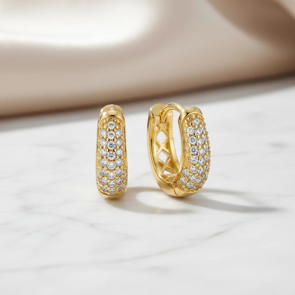 Click Thick Oval Hoops Studded Zirconia Earrings - 18K Gold Plated