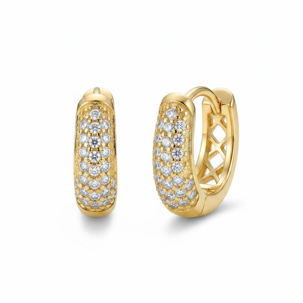 Click Thick Oval Hoops Studded Zirconia Earrings - 18K Gold Plated