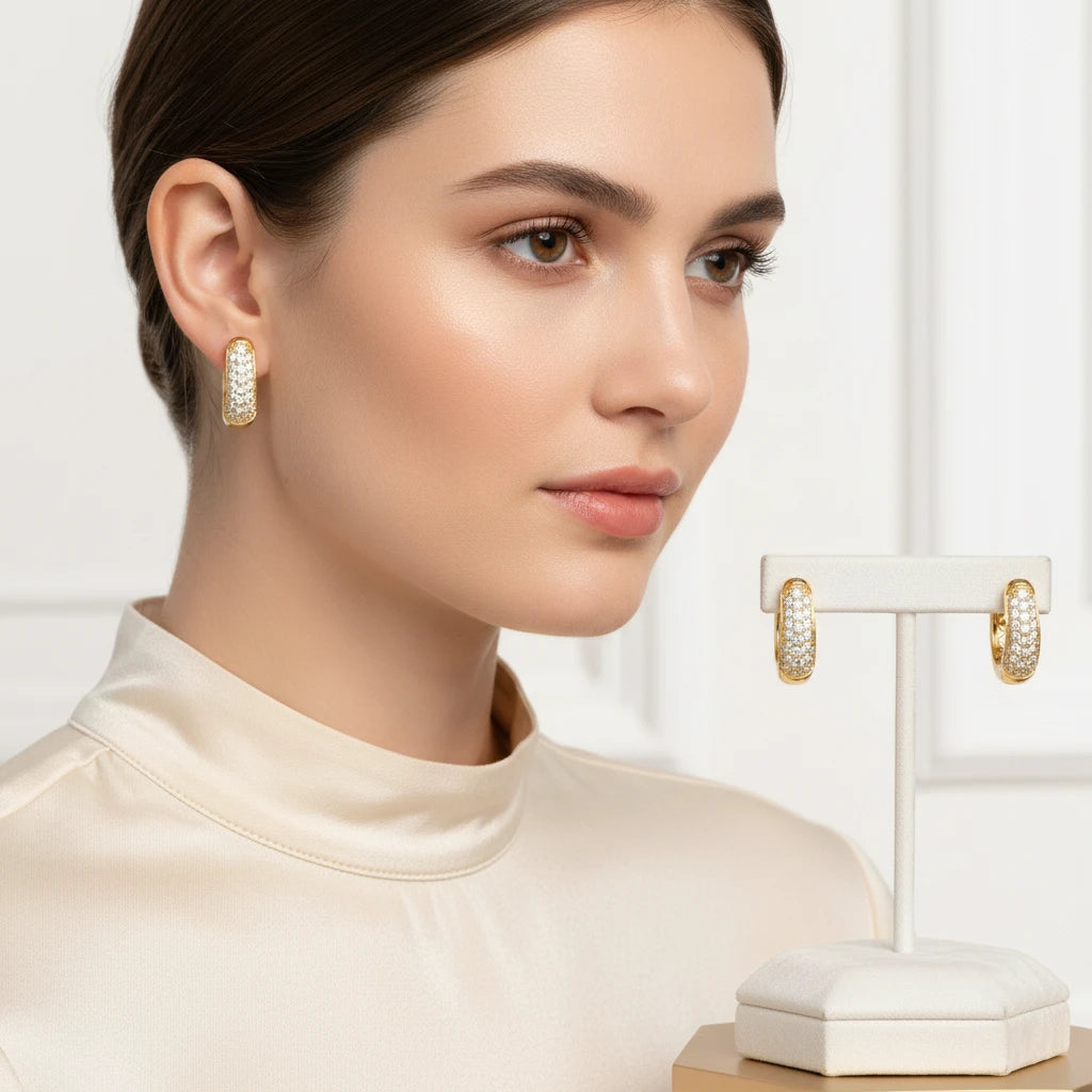 Click Thick Oval Hoops Studded Zirconia Earrings - 18K Gold Plated