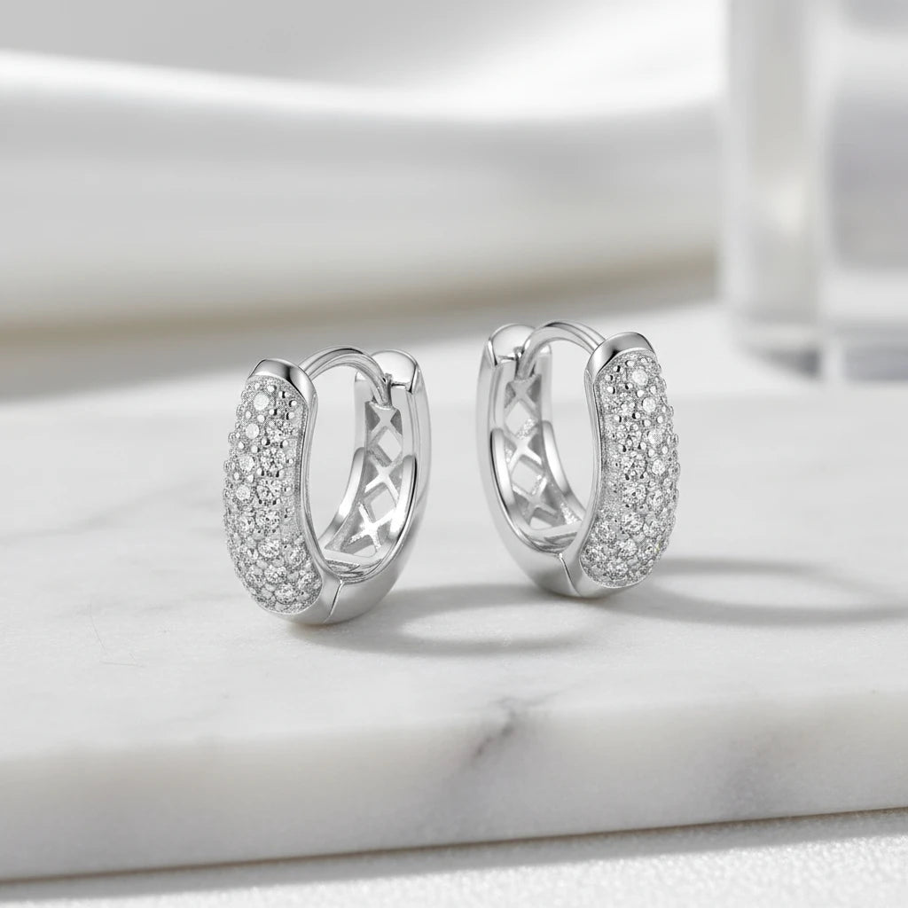 Click Thick Oval Hoops Studded Zirconia Earrings - White Rhodium Plated