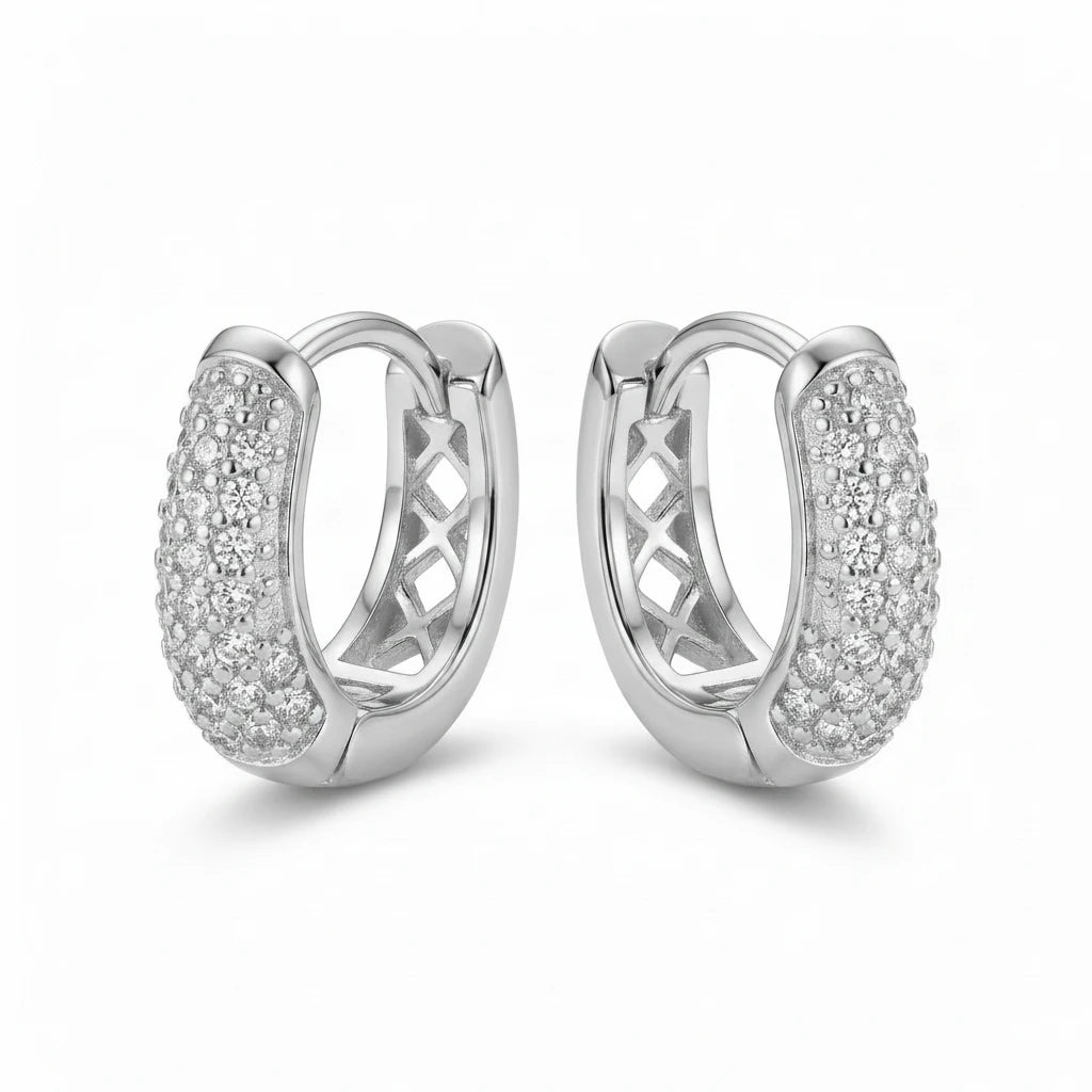 Click Thick Oval Hoops Studded Zirconia Earrings - White Rhodium Plated