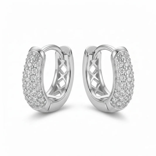 Click Thick Oval Hoops Studded Zirconia Earrings - White Rhodium Plated
