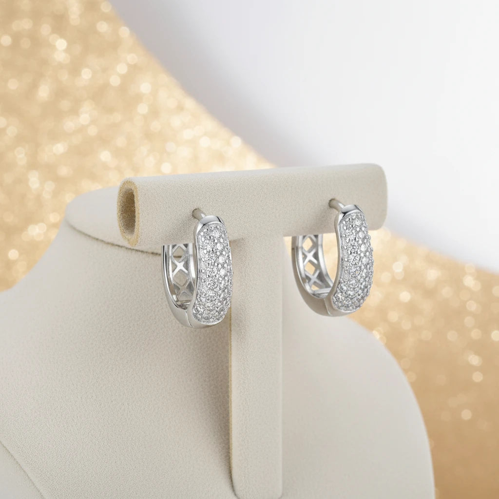 Click Thick Oval Hoops Studded Zirconia Earrings - White Rhodium Plated