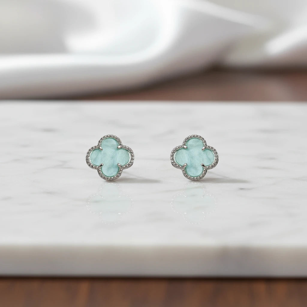 Blue Lucky Clover Earrings - White Rhodium Plated