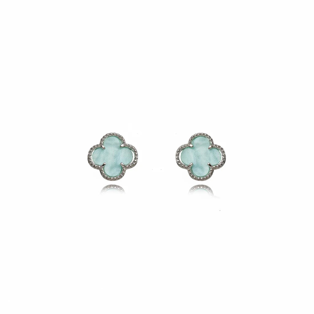 Blue Lucky Clover Earrings - White Rhodium Plated