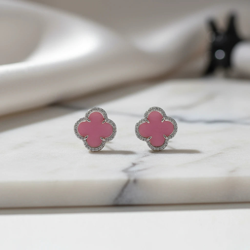 Pink Lucky Clover Earrings - White Rhodium Plated