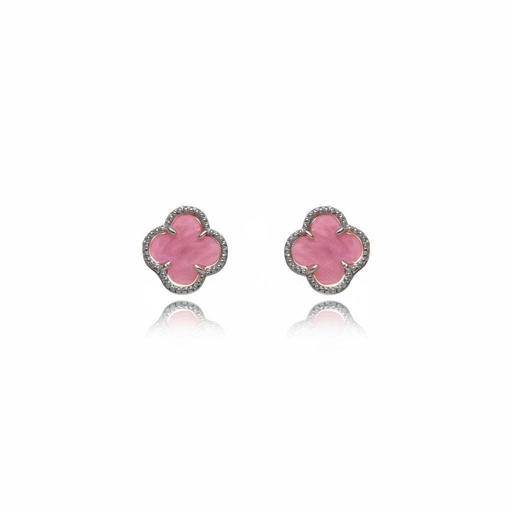 Pink Lucky Clover Earrings - White Rhodium Plated