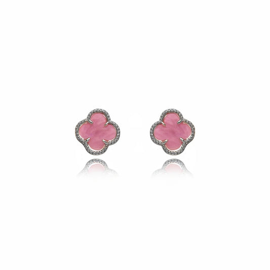 Pink Lucky Clover Earrings - White Rhodium Plated