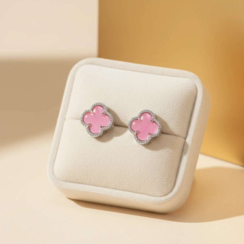 Pink Lucky Clover Earrings - White Rhodium Plated