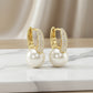 Pavé Hoop Square Earrings with Pearl Drop - 18K Gold Plated