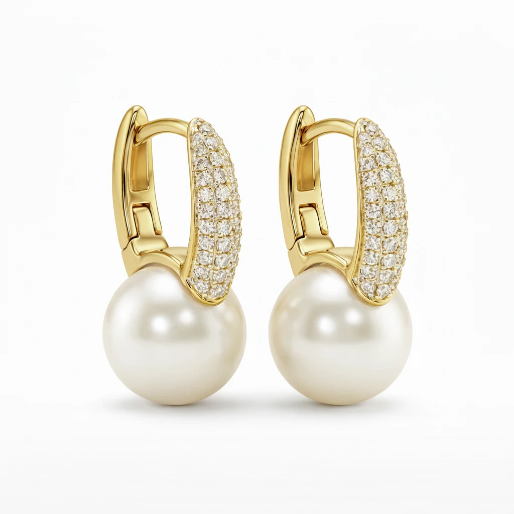 Pavé Hoop Square Earrings with Pearl Drop - 18K Gold Plated