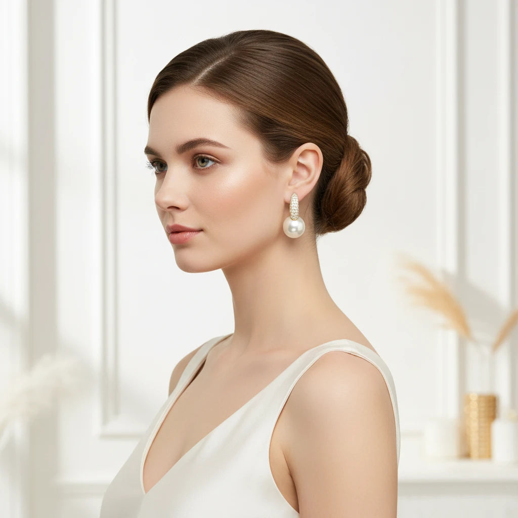 Pavé Hoop Square Earrings with Pearl Drop - 18K Gold Plated