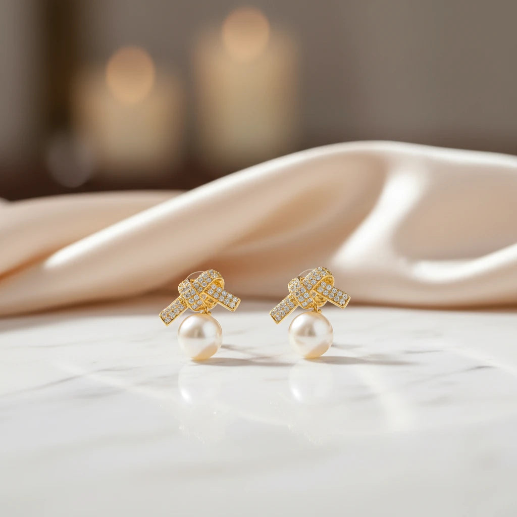 Studded Zirconia Bow and Pearl Earrings - 18K Gold Plated