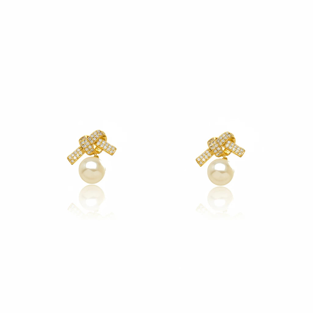 Studded Zirconia Bow and Pearl Earrings - 18K Gold Plated