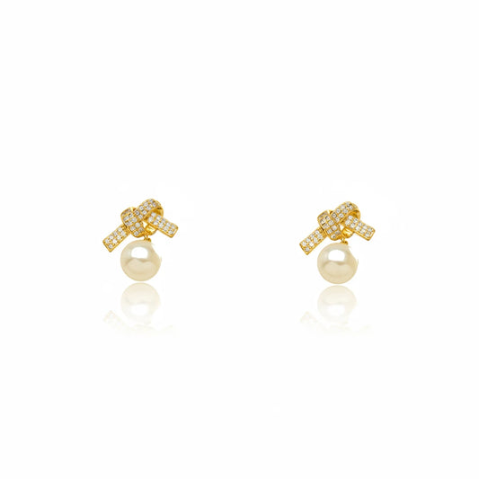 Studded Zirconia Bow and Pearl Earrings - 18K Gold Plated