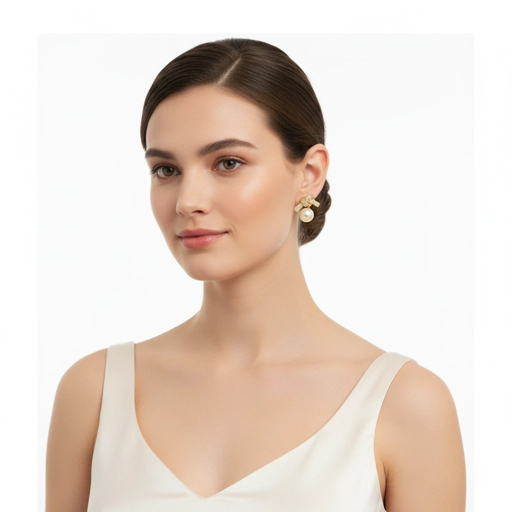 Studded Zirconia Bow and Pearl Earrings - 18K Gold Plated