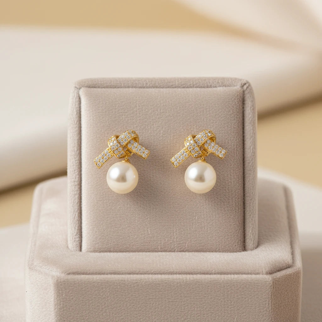Studded Zirconia Bow and Pearl Earrings - 18K Gold Plated