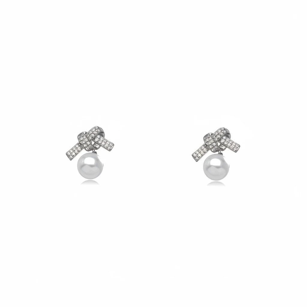 Studded Zirconia Bow and Pearl Earrings - White Rhodium Plated