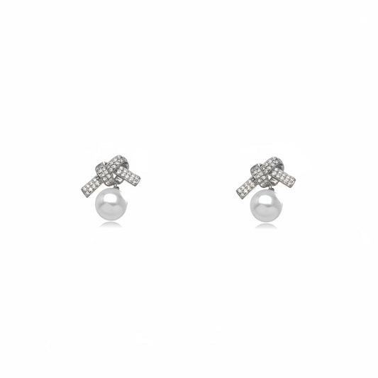 Studded Zirconia Bow and Pearl Earrings - White Rhodium Plated