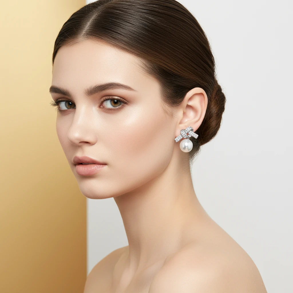 Studded Zirconia Bow and Pearl Earrings - White Rhodium Plated