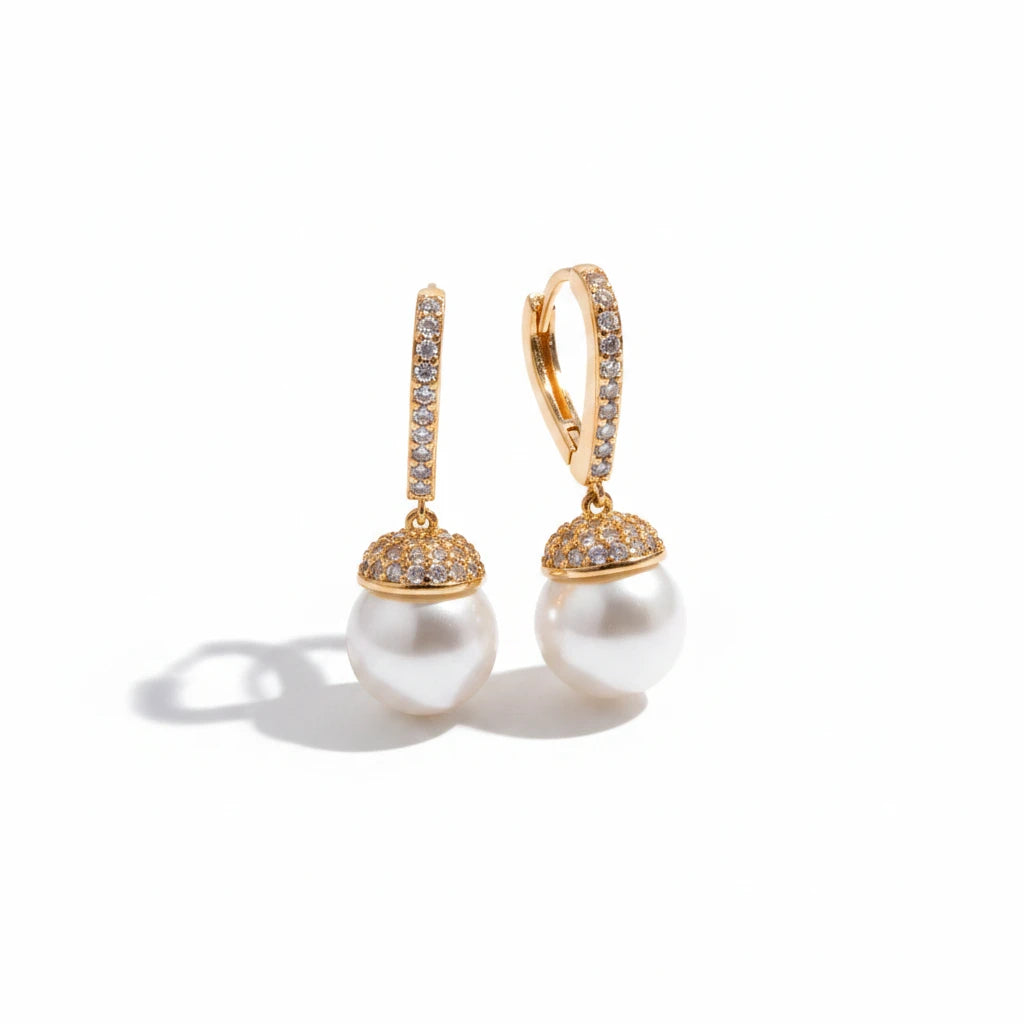 Pavé Hoop Earrings with Pearl Drop - 18K Gold Plated